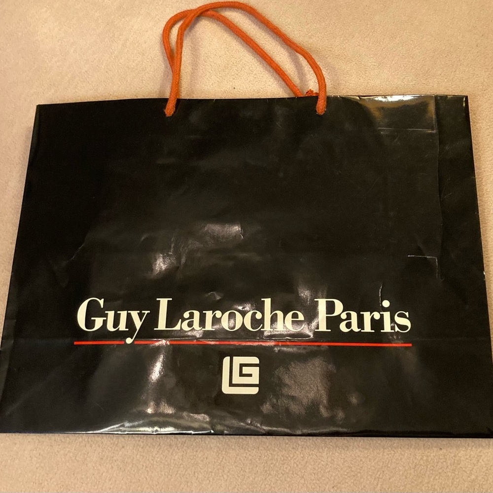 Guy Laroche Paris,black gloss glazed paper branded shopping tote,orange handles